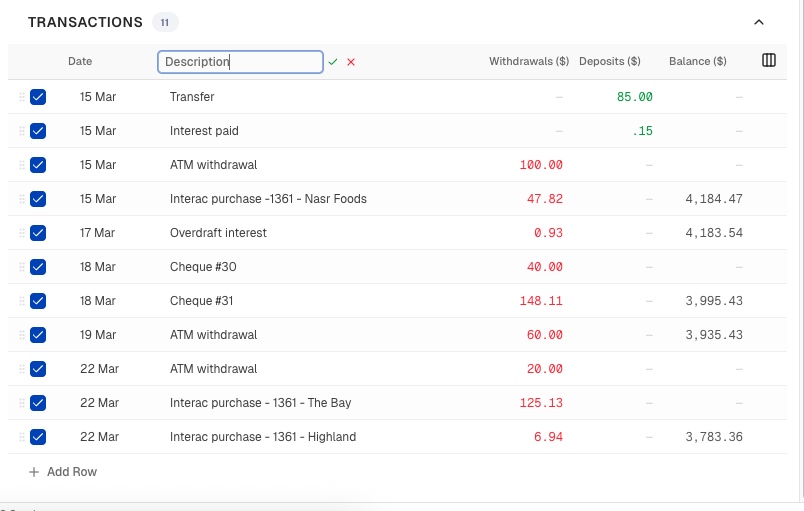 Edit columns rows numbers summaries
