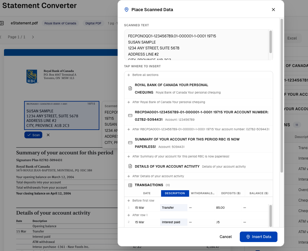 Insert area OCR data into document
