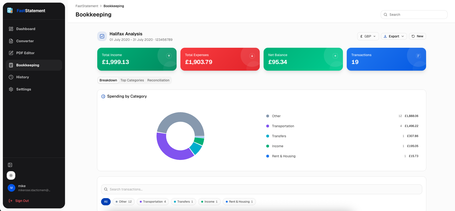 Results after processing with currency and balances